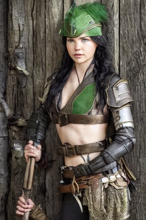 Prompt: fantasy character photo. female ranger. danielle campbell. brown dark forestgreen leather armor. jaunty, tilted, light - green, feathered little hat. black hair in ponytail. bright blue eyes. facial expression of manic obsessive love. leaning against the exterior wall of a tavern