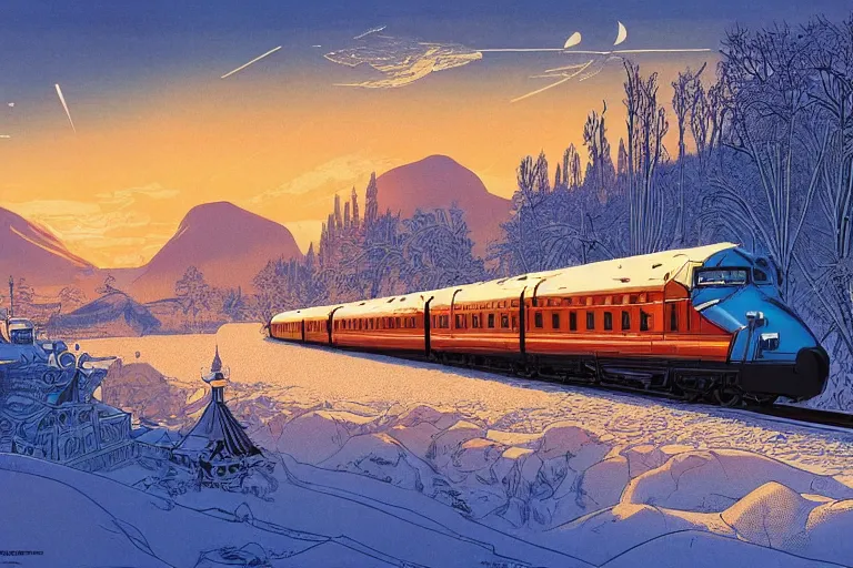 Image similar to trans - siberian express train illustration by joe fenton and syd mead and p. craig russell and barry windsor - smith, artstation, 4 k, graphic novel, concept art, matte painting, beautiful russian winter landscape sunset background, golden hour, art nouveau