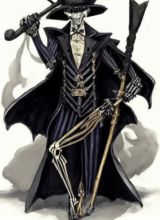 Image similar to DND character art, skeletal male figure, wearing a deep black suit!!! and tie and top hat, holding a gold! cane!. blue!!! flames!!