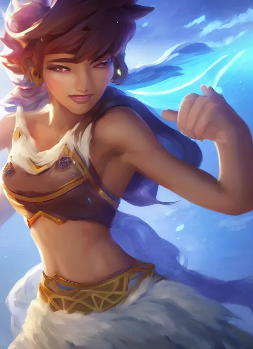 Image similar to taliyah, from league of legends, with abs, au naturel, athletic, perfect cosplay, symmetrical body, hyper detailed, digital art, trending in artstation, cinematic lighting, studio quality, smooth render, unreal engine 5 rendered, octane rendered, art style by klimt and nixeu and ian sprigger and wlop and krenz cushart