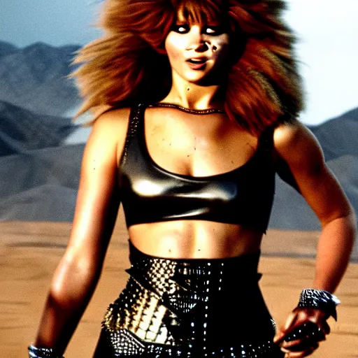 Prompt: jennifer lawrence as tina turner from mad max beyond thunderdome, movie still editorial photography