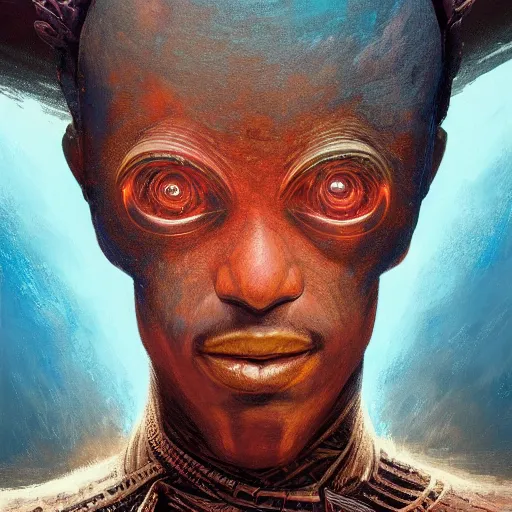 Image similar to an african!! cosmic god bending space time, watchmen, dim light, bloom, front game card, marvel comics, dark, intricate, highly detailed, smooth, artstation, digital illustration by ruan jia and mandy jurgens and artgerm and wayne barlowe and greg rutkowski and zdislaw beksinski, and adi granov