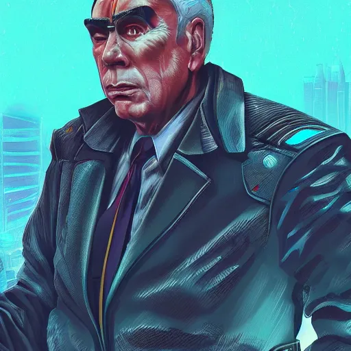 Image similar to cyberpunk leonid brezhnev as the leader of a futuristic communist nation, cybernetics, sharp lines, digital, artstation, colored in