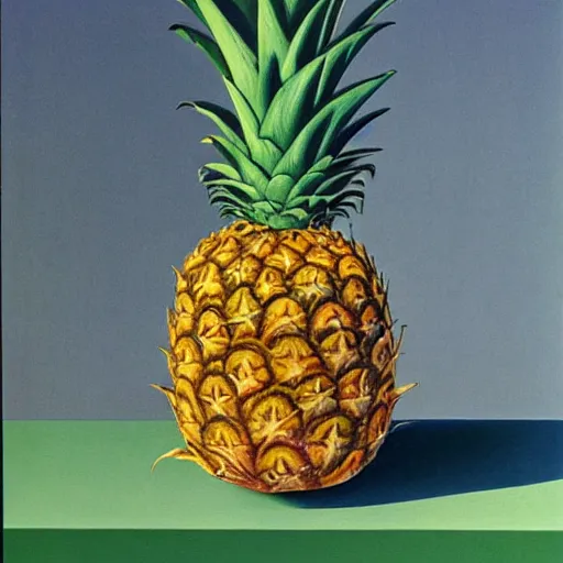 Image similar to le fils de l'homme but with a pineapple, painting by rene magritte, high detail, high resolution