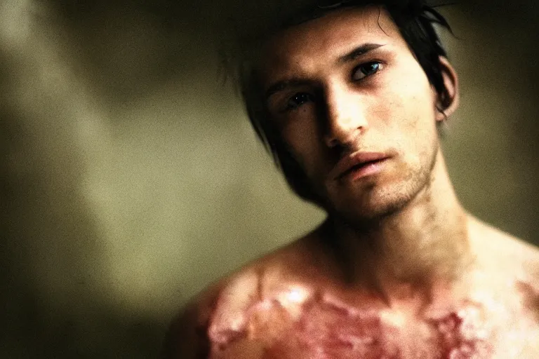 Prompt: a closeup cinematic!! headshot photograph!! of a male wearing a ripped shirt, stood in a tunnel, rain, dirt, film still, cinematic lighting, by bill henson