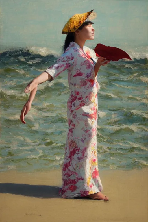 Image similar to wind, koi, kimono, beach, fabric blowing in the wind, sunlight, jeremy lipking, joseph todorovitch