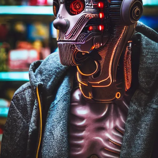 Image similar to photo of a cyborg!! in sale, in a store display, hiding a dark secret, highly detailed face, expressive face, cyberpunk, year 3022, medium full shot, depth of field, ISO 300, aperture f11, 1/100 obturation speed