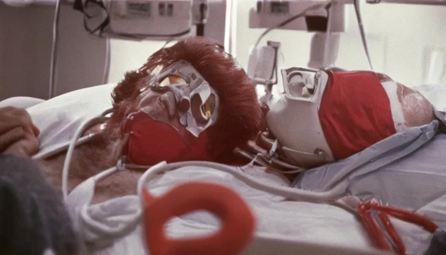 Image similar to 70s movie still of a man with red mask in hospital, eastmancolor, heavy grain, high quality, higly detailed, liminal space