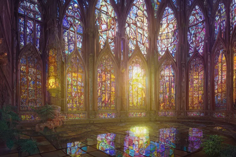 Prompt: Beautiful hyperrealistic detailed matte painting of niv mizzet in stained glass windows in colors reflecting sun rays, glass texture, on the lost Vibes and mirror reflection of the divine energy, by andreas rocha and john howe, and Martin Johnson Heade, featured on artstation, featured on behance, golden ratio, ultrawide angle, f32, well composed, cohesive