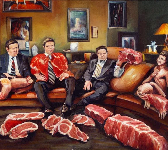 Prompt: oil painting of couch made out of meat, business men sitting on couch of meat and talking,