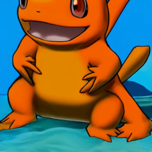 Image similar to charmander ~ water powers ~ realistic ~ blue color ~ ocean background ~