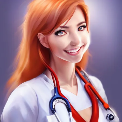Image similar to very beautiful female nurse, smiling, flirty, eye contact, perfect face, perfect body, drawn by artgerm