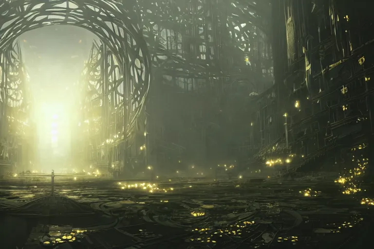 Image similar to nier automata concept scenery. antiinfinity gold trim. antimirror pixiv scenery art. antibiomechanical nier automata. anticeramic antiextension. infinitely detailed. luminous! light! magic!