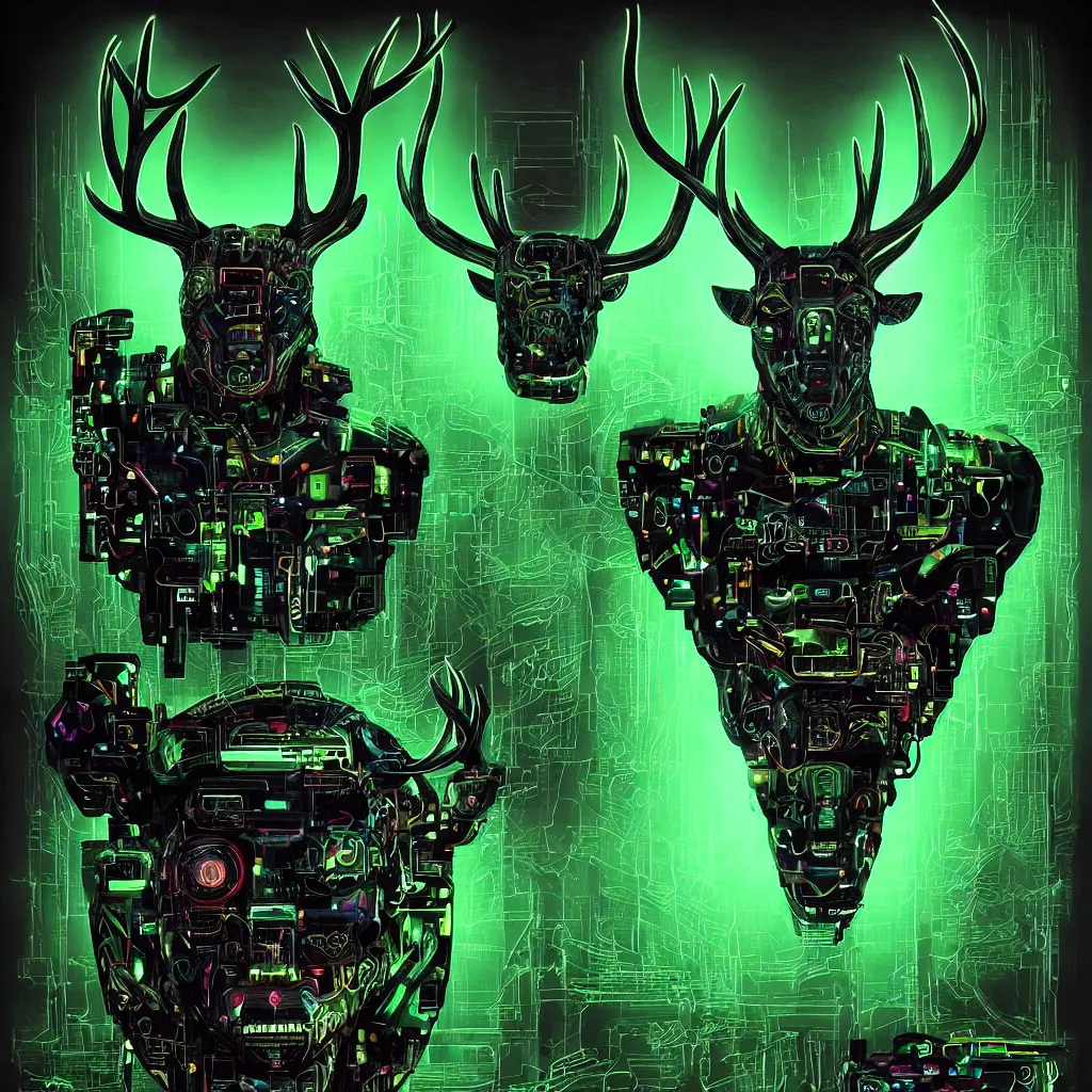 Image similar to poster style, a beautiful and terrifying painting with high details a digital portrait of cyber god of hunting with robotic deer head in style of green neon, cyber noir, movie atmosphere, movie lights, 8 k, light effect, rtx on, trending on artstation, by kilian eng, lee madgwick, bastien lecouffe - deharme