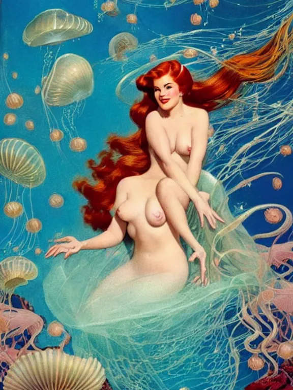 Image similar to isla fisher as the little mermaid long hair covers chest, a beautiful art nouveau portrait by Gil elvgren, beneath the ocean waves glowing jellyfish environment, centered composition, defined features, golden ratio, intricate seashell jewelry that glows