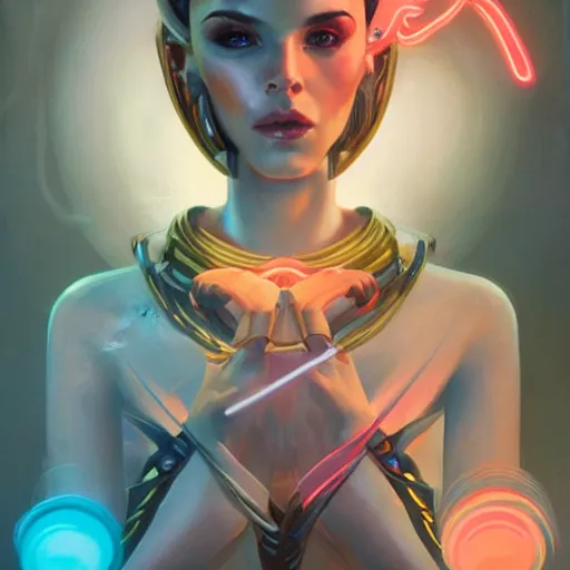 Prompt: portrait of an astonishing beautiful futuristic robot archer, glowing neon bow, realistic, artgerm and peter mohrbacher style, 4k