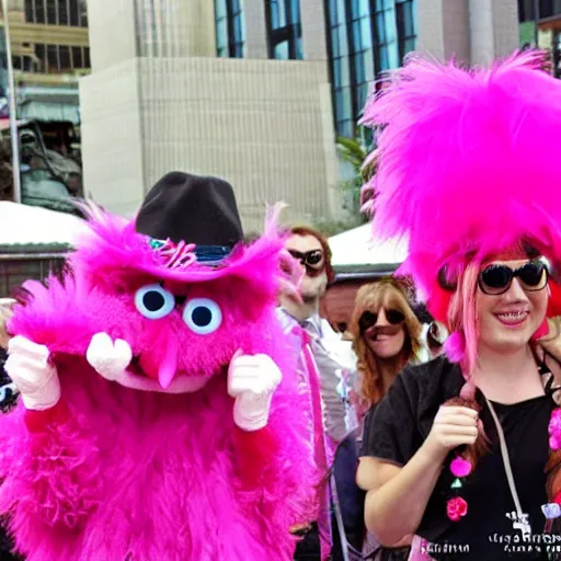 Prompt: hot pink feather boa muppet at furry convention, with furries in the background