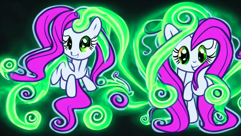 Image similar to Fluttershy from My Little Pony as a necromancer, bright green swirls around her, glowing aura, black background, dramatic and colorful lighting, she is surrounded by cute chibi glowing skulls, 4k, HDR