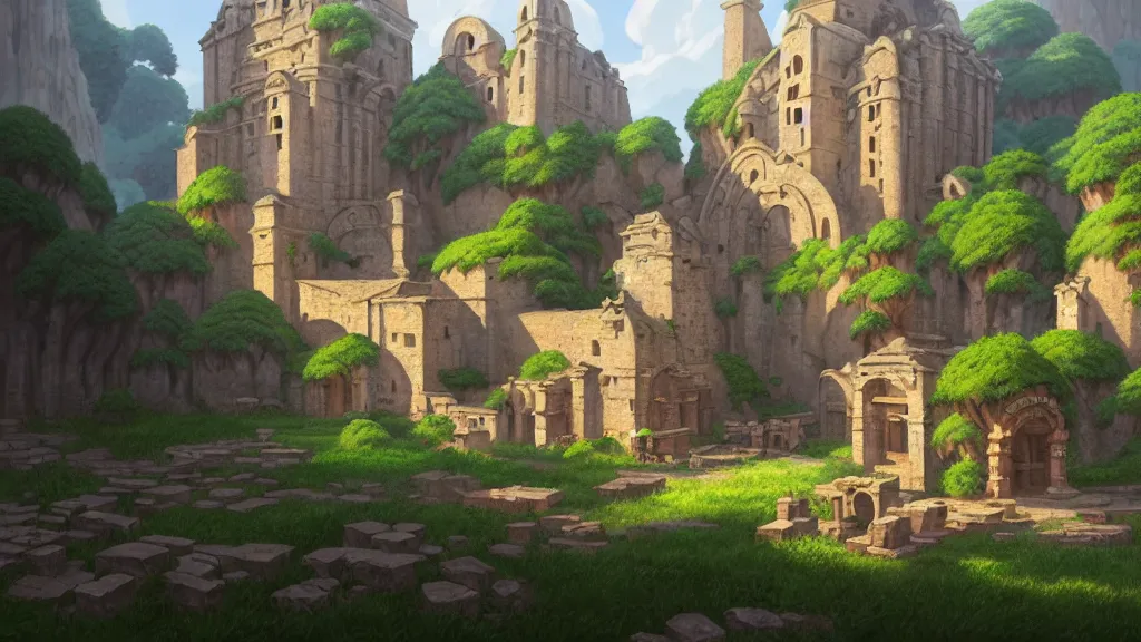 Image similar to ancient monastery ruins, studio ghibli, pixar and disney animation, sharp, rendered in unreal engine 5, highly detailed, digital painting, artstation, concept art, smooth, sharp focus, illustration, wide angle, artbook, wallpaper, splash art, promo art, dramatic lighting, art by artgerm and greg rutkowski and bo chen and jin xiaodi