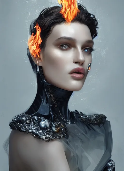 Image similar to 3d fashion portrait with fire, female, future, torch, flame, harper's bazaar, vogue, fashion magazine, intricate, concept art, close up, ornate, luxury, elite, elegant, trending on artstation, by ruan jia, by Kenneth Willardt, by ross tran, by WLOP, by Andrei Riabovitchev,