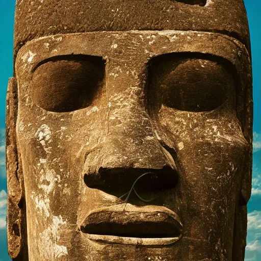 Image similar to a high detail photo of a moai wearing headphones