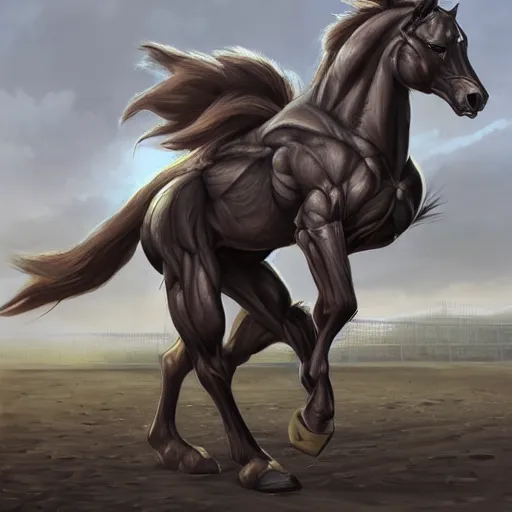 Image similar to a musclebound anthropomorphized horse with a magnificently muscular physique wearing a tight kevlar battle outfit standing guard at a facility, equine, anthro art, furaffinity, highly detailed, digital painting, artstation, sharp focus, game art, concept art, illustration, art by artgerm, greg rutkowski, wlop