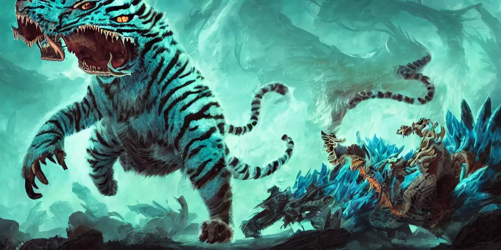 Image similar to Ghostly tiger creature made out of turquoise energy character design sheet, Monster Hunter Illustrations art book, Bright sparks, claws, huge sabertooth fangs, Moebius, Greg Rutkowski, Zabrocki, Karlkka, Jayison Devadas, Phuoc Quan, trending on Artstation, 8K, ultra wide angle, zenith view, pincushion lens effect.