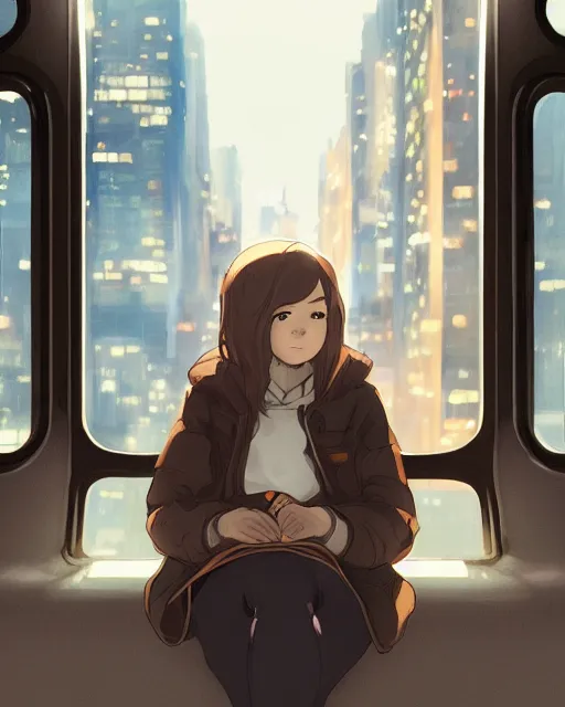 Image similar to a lonely girl sitting on the new york subway, full shot, ambient lighting, detailed face, by makoto shinkai, stanley artgerm lau, wlop, rossdraws