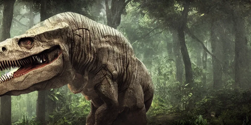 Image similar to photo realism, vary sad, cry tyrannosaurus rex, background jungle, 4 k