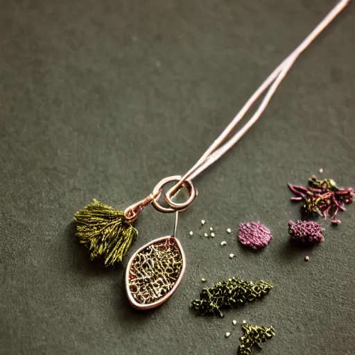 Image similar to a detailed product photograph of a tiny magical charm enchantment that bestows abundance and playfulness and that friday feeling, made with tiny delica beads and glitter thread and herbs, organic olive green tones, light leaks