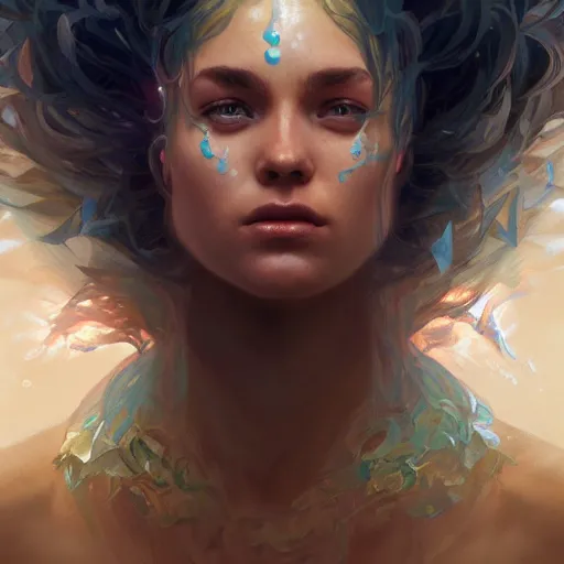 Image similar to water elemental, lifelike, portrait, highly detailed, digital painting, artstation, concept art, sharp focus, illustration, cinematic lighting, art by artgerm and greg rutkowski and alphonse mucha