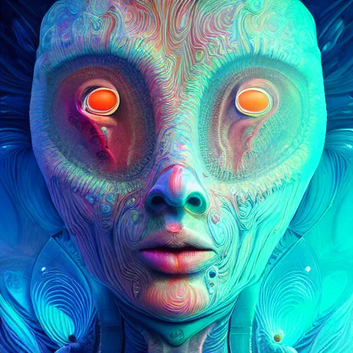 Prompt: Face of a Alien Deity, corals, plume made of fractals, extremly detailed digital painting, in the style of android jones, artwork of a futuristic artificial intelligence superstar, mystical colors, rim light, beautiful lighting, 8k, stunning scene, raytracing, octane, trending on artstation