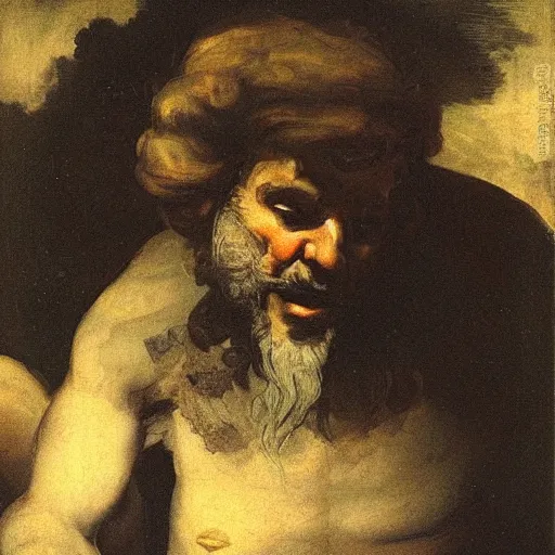 Prompt: an old - man portrait attending the underworld from above in sorrow, angle from above, art painting, by francisco goya, masterpiece, extremely detailed, oil painting, full hd