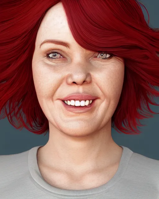 Image similar to portrait of happy short and plump 5 0 - year - old woman with red hair and, kind face, short hair, wearing in blouse, hyper realistic face, beautiful eyes, character art, art by mark brooks, hyperdetailed, cryengine, trending on artstation, digital art