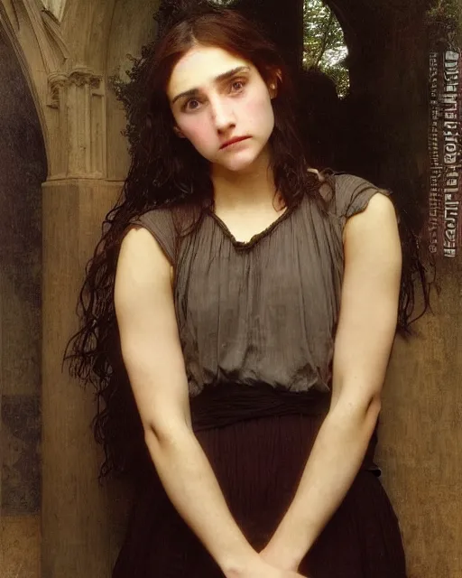 Image similar to a realistic portrait of a teenage girl who looks like Uma Thurmond and Winona Ryder with an anxious expression and slightly open mouth, wearing ragged torn clothing, inside a cathedral lit with god rays, by William-Adolphe Bouguereau, John William Waterhouse, Frederic Leighton, Alphonse Mucha, Edward Burne Jones