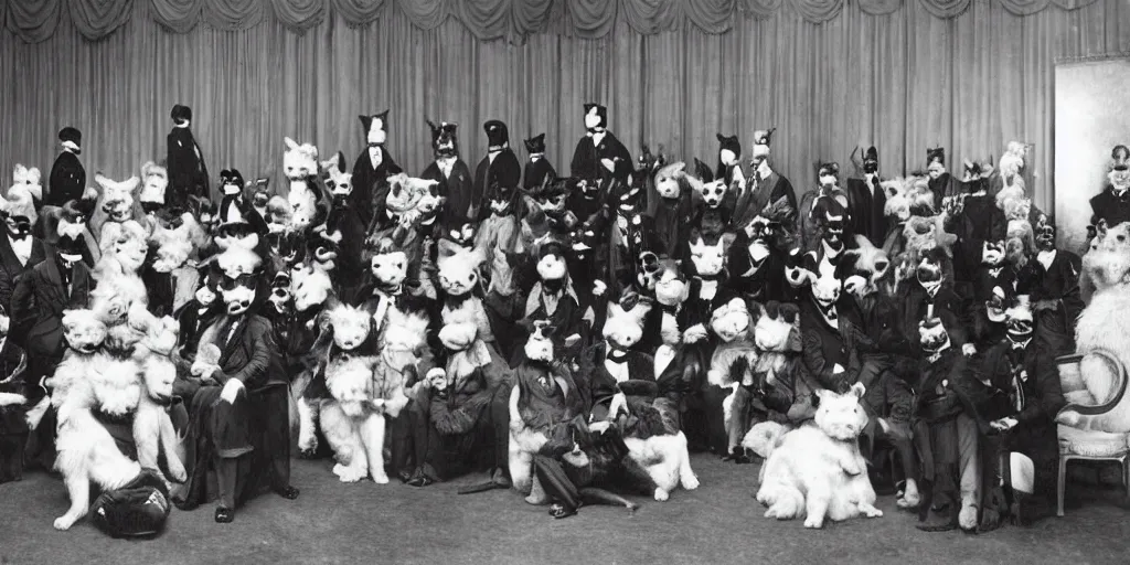 Prompt: a furry convention taking place in a luxury hotel, 1 9 0 0 s photograph