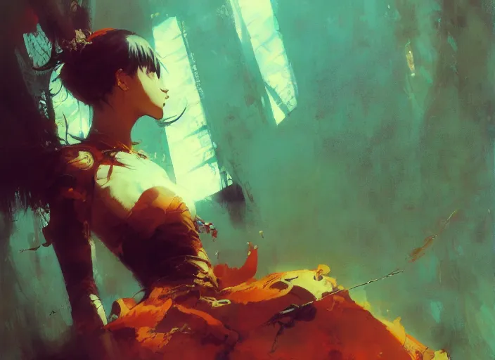 Image similar to anime girl intricate, elegant, highly detailed, vivid colors, john park, frazetta, sparth, ruan jia, jeffrey catherine jones