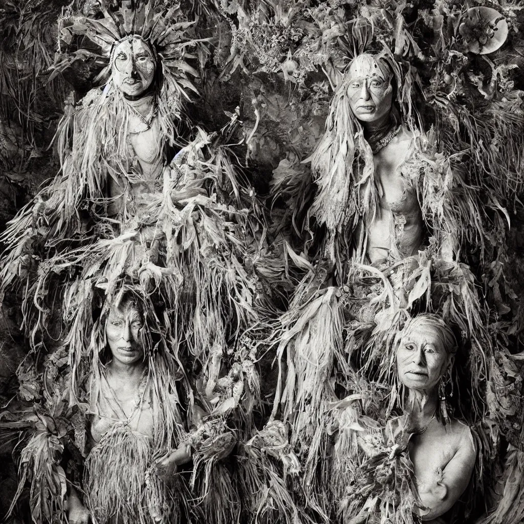 Prompt: photography, full body portrait of indigenous spiritual healer shaman in underworld, biotecture sandstorm dust mountain temple spirits shadows ritual, cindy sherman, ernst haeckel