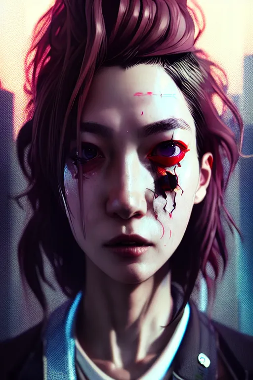 Image similar to hyperdetailed close portrait of a woman in a worn out suit in a cyberpunk city inspired by ross tran and wlop and masamune shirow and kuvshinov, concept art, intricate, photorealistic, octane render, rtx, hdr, unreal engine, dnd digital art by artgerm