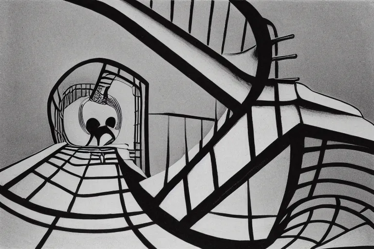 Prompt: M. C. Escher, Relativity. stairs,walk man,Lithograph.