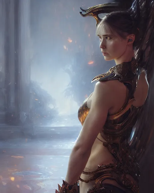 Image similar to daniel gerhartz and wlop and tom baghshaw, detailed portrait, digital painting of a beautiful half - tiger half - woman, evil mood, throne room in the background, embers flying, unreal engine, hyper realism, realistic shading, cinematic composition, blender render, octane render, ultrawide shot