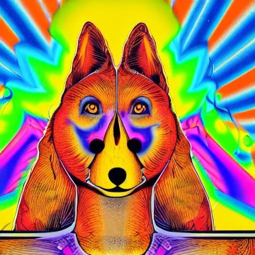 Prompt: a dingo who is a psychedelic music DJ. He has a house for a body. There are candles all around. He is tripping on LSD. Light is reminiscent of a foul smell. Cinematic. Word salad, realistic, detailed.