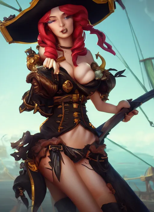 Image similar to miss fortune a pirate girl, from league of legends, au naturel, hyper detailed, digital art, trending in artstation, cinematic lighting, studio quality, smooth render, unreal engine 5 rendered, octane rendered, art style by klimt and nixeu and ian sprigger and wlop and krenz cushart