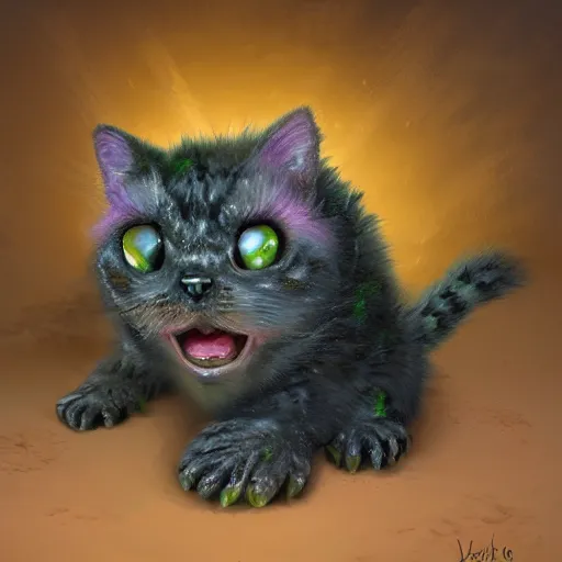 Image similar to rescue from the underworld, shadows of the past, chubby moss kitten, by jeff easley and Dylan Kowalski, highly detailed, digital painting, HDRI, by vivid colors, high contrast, 8k resolution, intricate, photorealistic, smooth