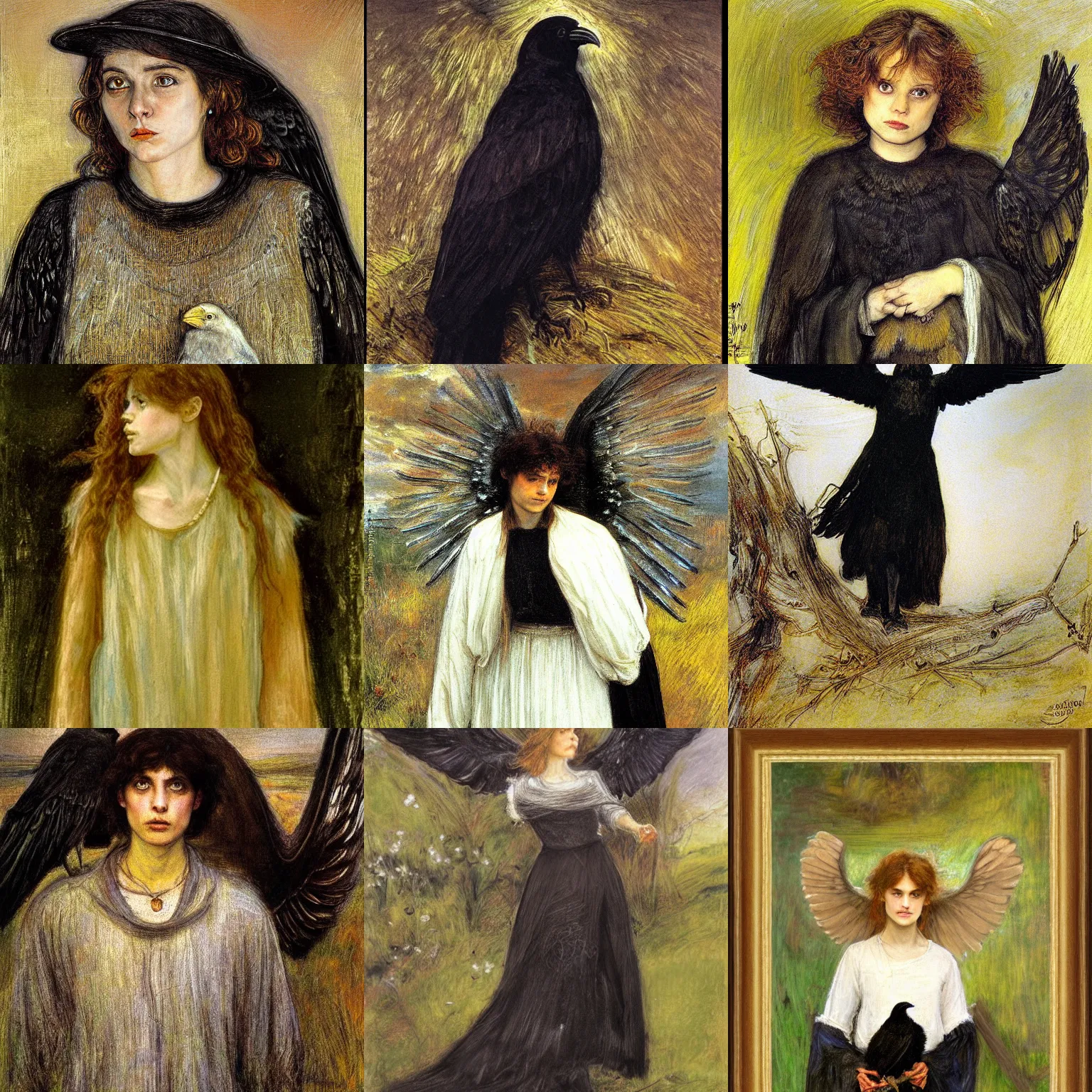 Prompt: Biblically accurate angelic portrait of a crow, as painted by John Everett Millais