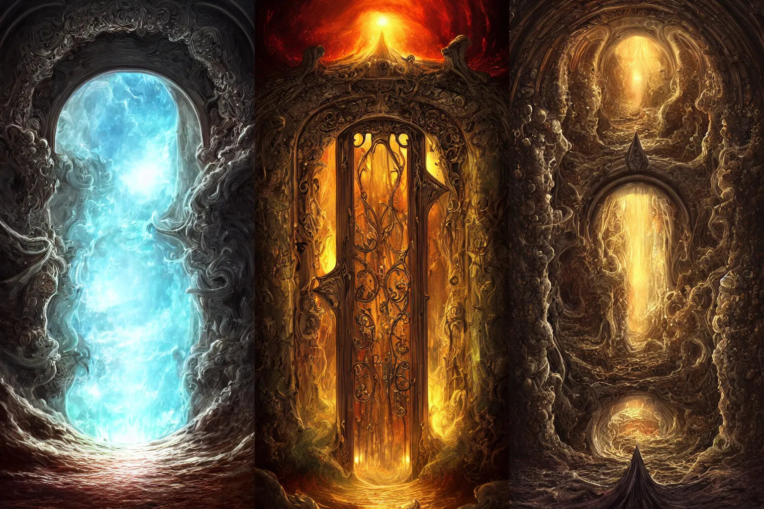 Prompt: The gate to the eternal kingdom of liquids, fantasy, digital art, HD, detailed.