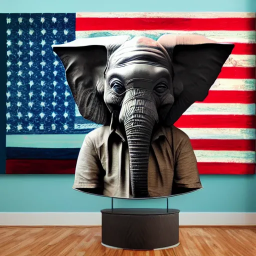 Image similar to elephant yoda patriot potus, modern art placed in a large living room, art designers magazine HD photo superrealism 3d 8k resolution