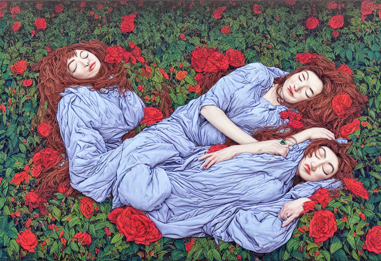 Image similar to portrait of kate bush sleeping in a garden by james jean