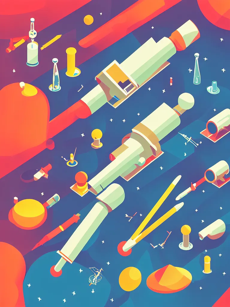 Prompt: editorial illustration scientific lab test tube telescope microscope spaceship, dynamic composition, detailed, matte print, dynamic perspective, colorful modern, mads berg