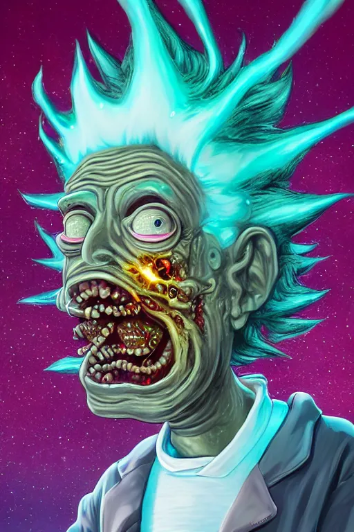 Prompt: rick and morty exploding head fused with a lovecraft fat space zombie wearing a exploding wig and a pirate patch, laser eye, photo, portrait, 3d, high details, intricate details, by vincent di fate, artgerm julie bell beeple, 90s, Smooth gradients, octane render, 8k, volumetric lightning, High contrast, duo tone, depth of field, very coherent symmetrical artwork